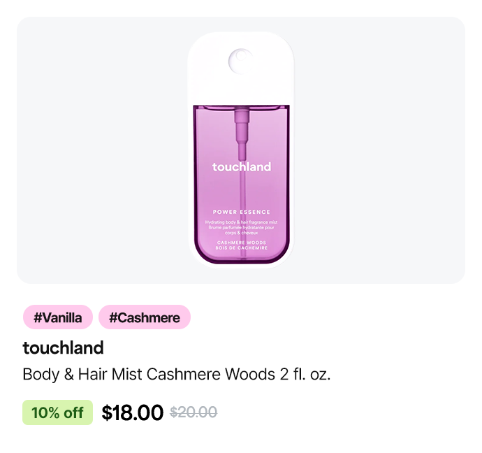 touchland Body & Hair Mist Cashmere Woods 2 fl. oz. #Vanilla #Cashmere - 10% off, original price $20, sale price $18