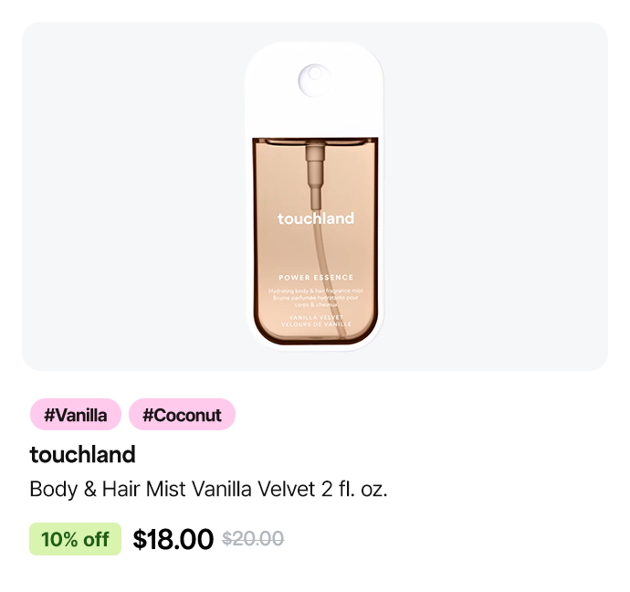 touchland Body & Hair Mist Vanilla Velvet 2 fl. oz. #Vanilla #Coconut - 10% off, original price $20, sale price $18