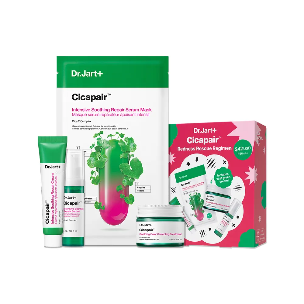 Dr.Jart+ Cicapair™ Redness Rescue Regimen Kit : Mask 0.88 oz. + Serum 0.23 fl. oz. + Cream 0.50 fl. oz. + Treatment 0.50 fl. oz. 