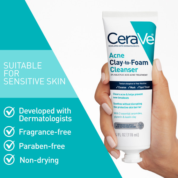 CeraVe Acne Clay-To-Foam Paste Cleanser & Mask 4 fl. oz.(118ml) - Image 6 of 7