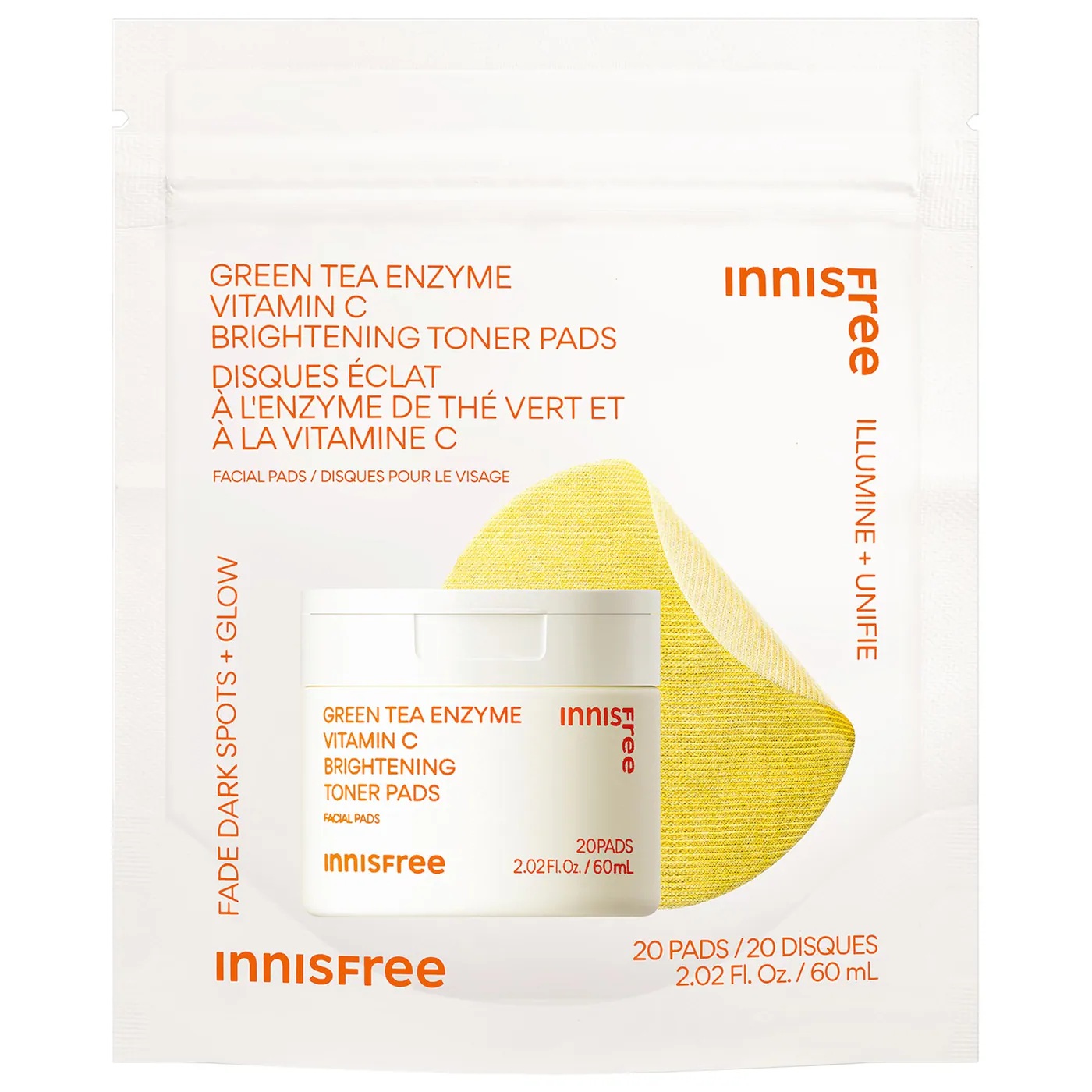 innisfree Green Tea Enzyme Vitamin C Brightening Toner Pads 20 Packs 2.02 fl. oz.(60ml)