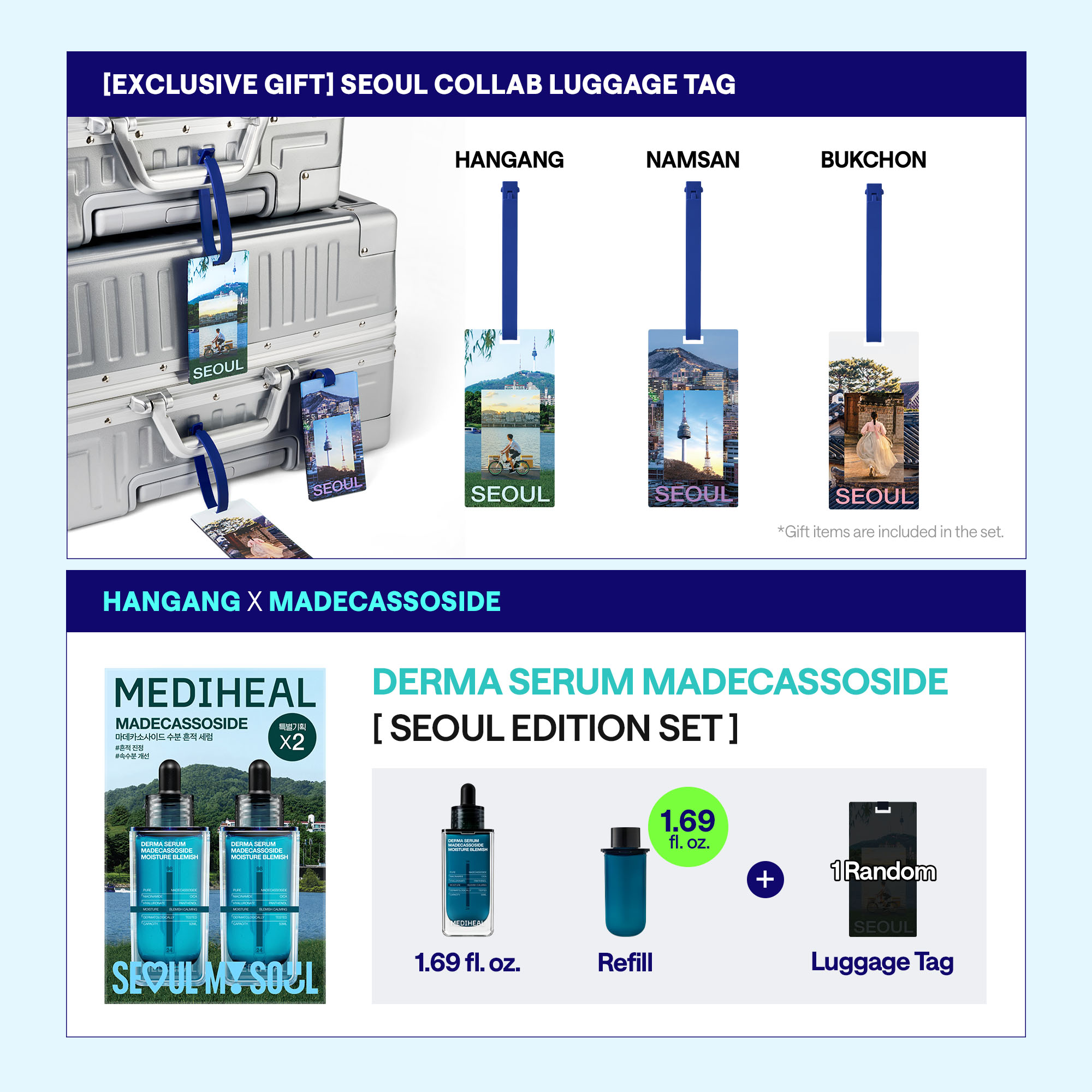 MEDIHEAL Derma Serum Madecassoside Moisture Blemish Duo Set 1.69 fl. oz.(50ml) x2 (Seoul Edition) (+Seoul Lugguage Tag) - Image 4 of 7