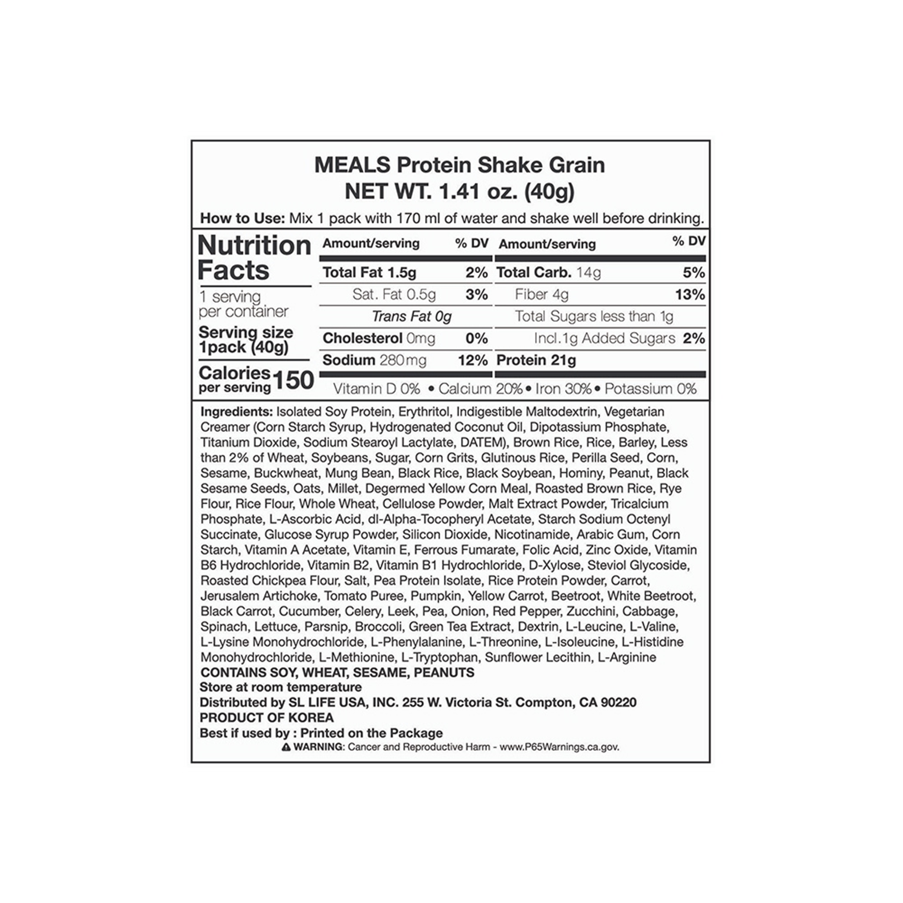 INTAKE Meals Protein Shake Grain 1.41 oz.(40g) - Image 2 of 2