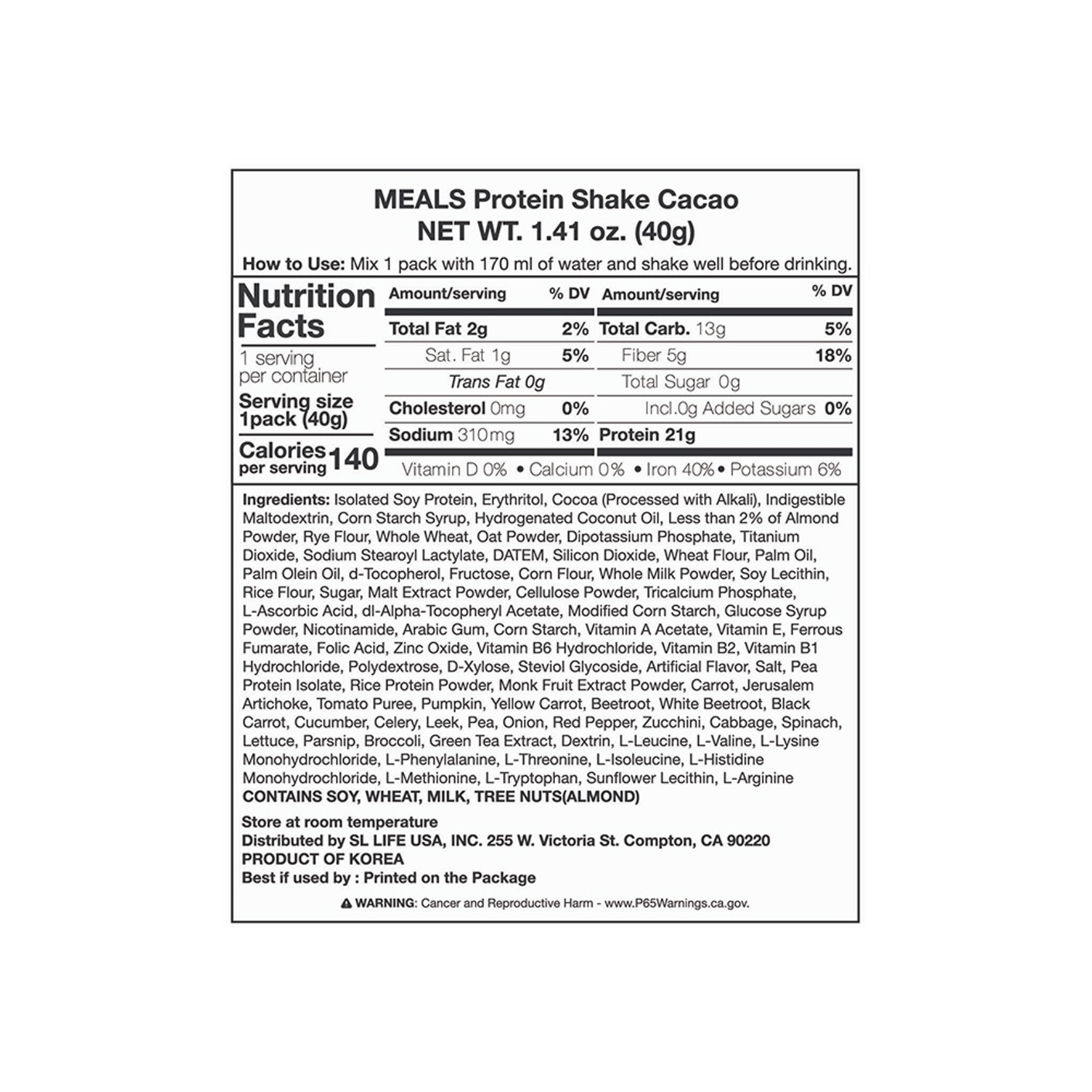 INTAKE Meals Protein Shake Cacao 1.41 oz.(40g) - Image 2 of 2