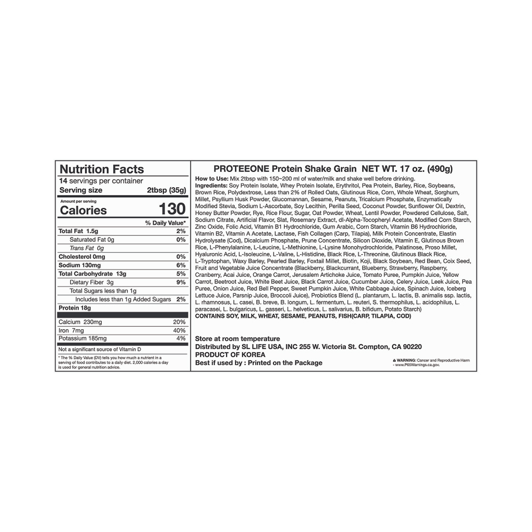 PROTEEONE Protein Shake Grain 17 oz.(490g) - Image 2 of 2