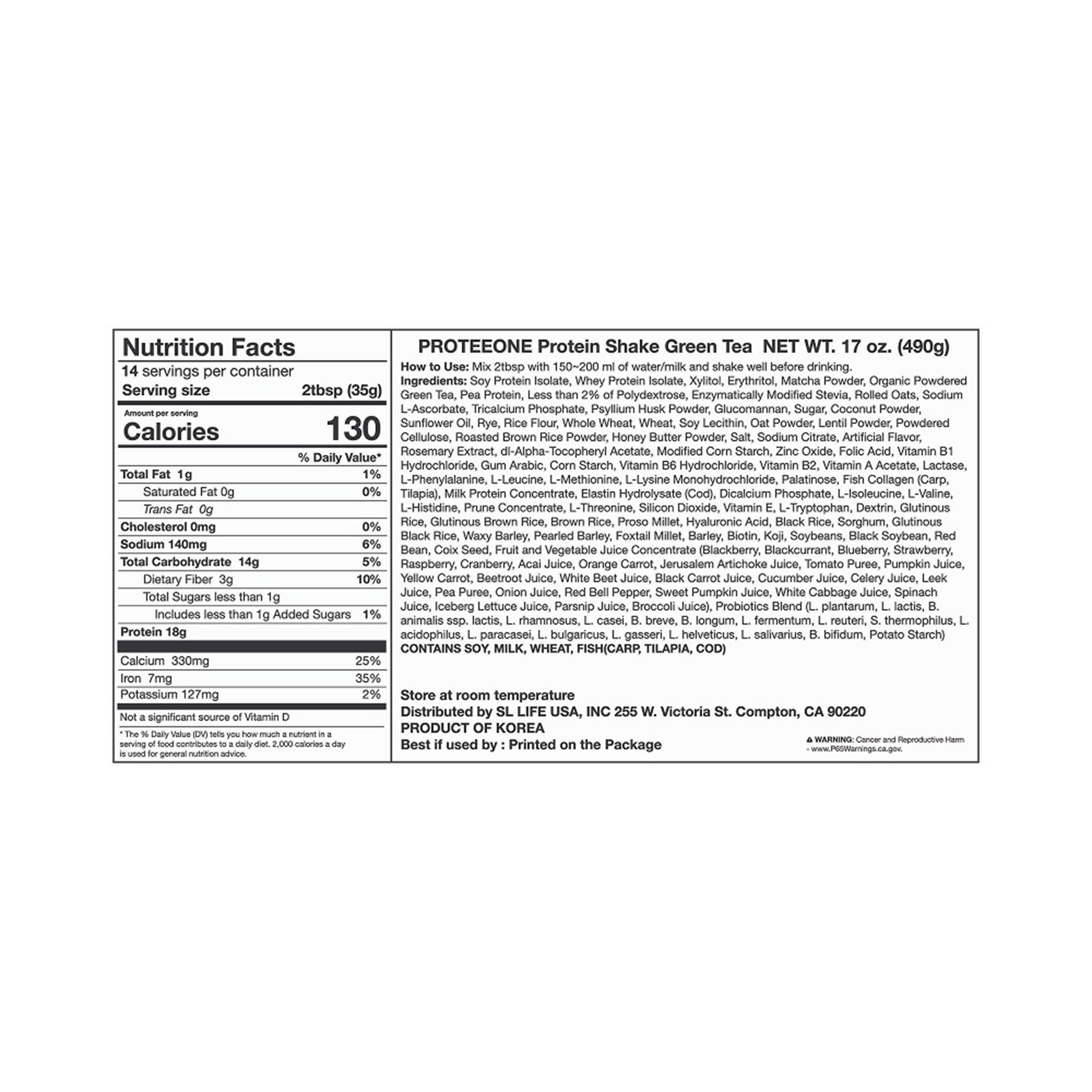 PROTEEONE Protein Shake Green Tea 17 oz.(490g) - Image 2 of 2