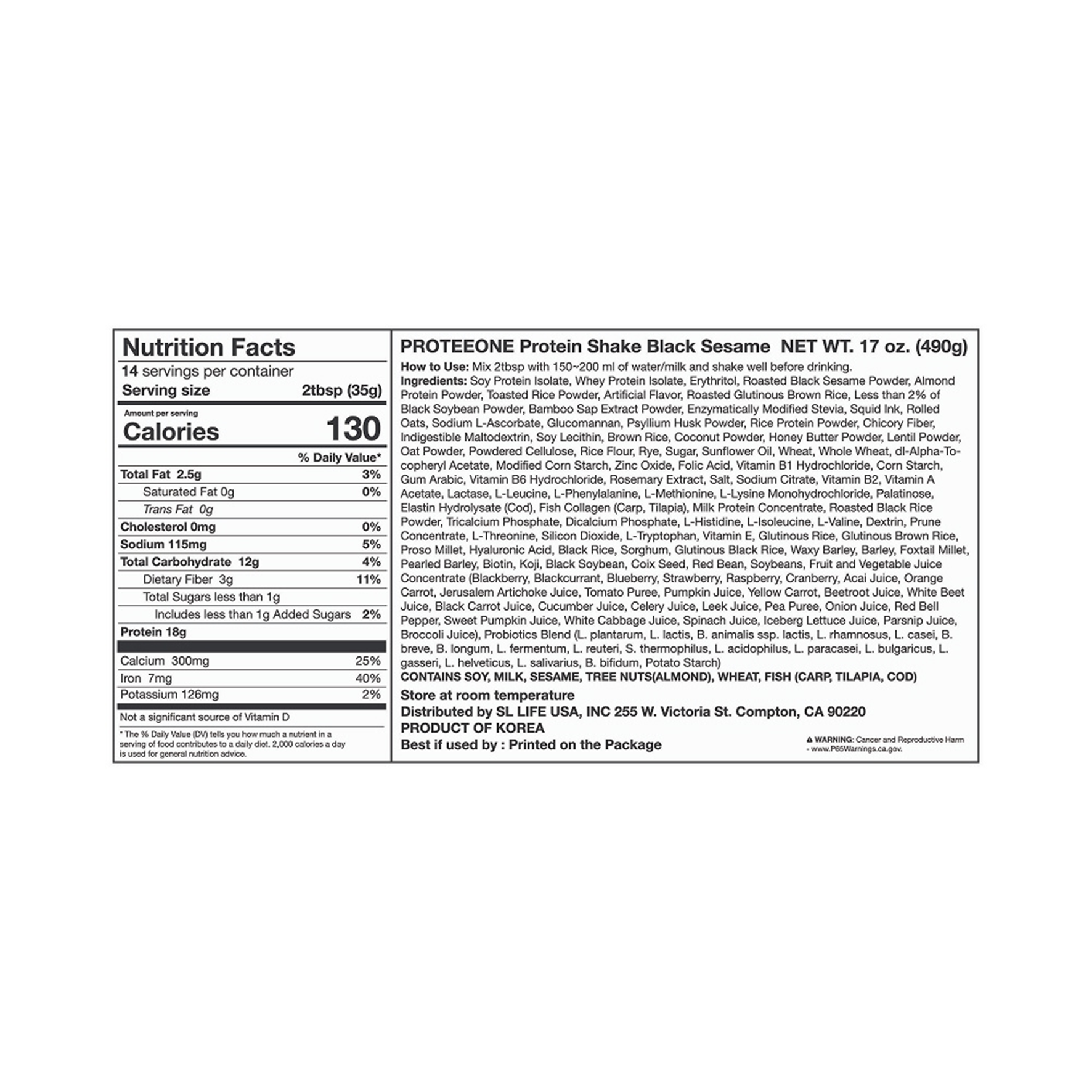 PROTEEONE Protein Shake Black Sesame 17 oz.(490g) - Image 2 of 2