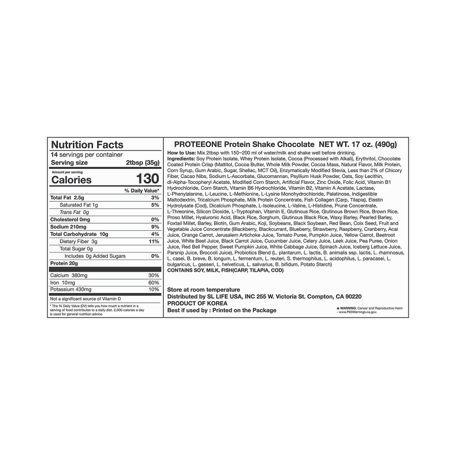 PROTEEONE Protein Shake Chocolate 17 oz.(490g) - Image 2 of 2