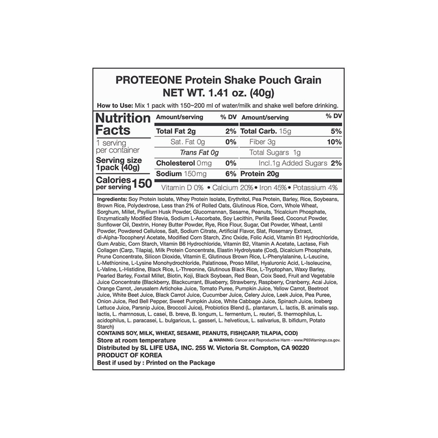 PROTEEONE Protein Shake Pouch Grain 1.41 oz.(40g) - Image 2 of 2