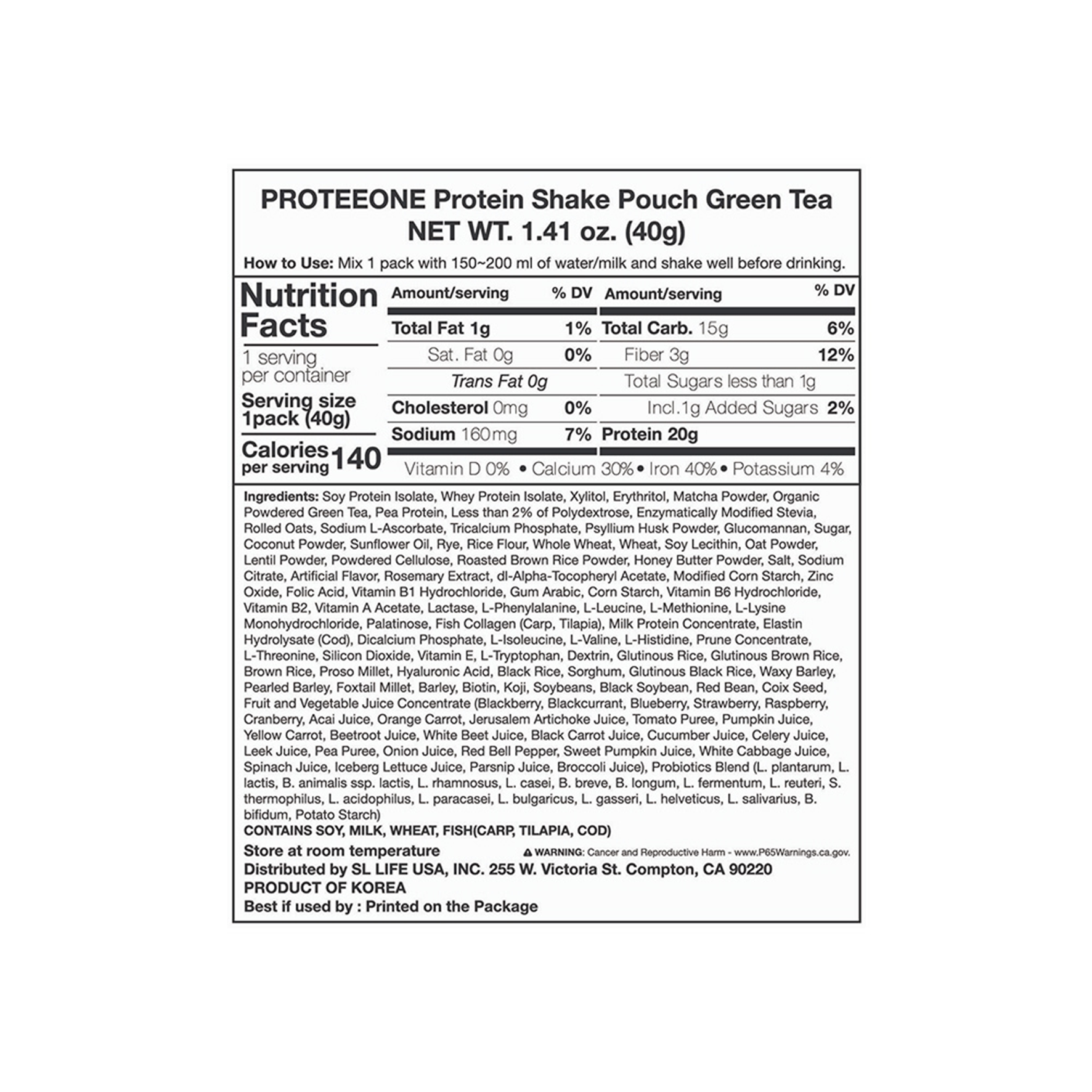 PROTEEONE Protein Shake Pouch Green Tea 1.41 oz.(40g) - Image 2 of 2