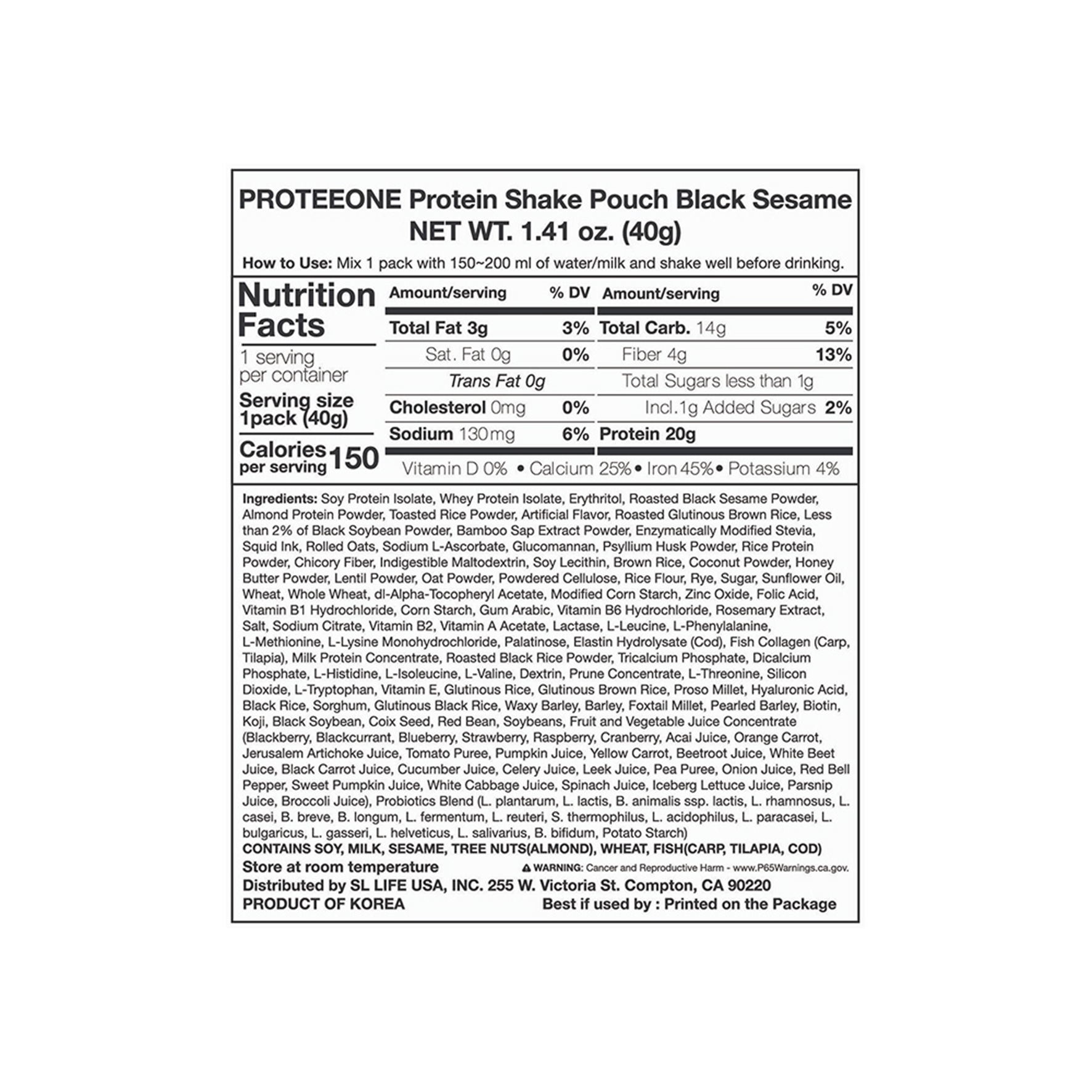 PROTEEONE Protein Shake Pouch Black Sesame 1.41 oz.(40g) - Image 2 of 2