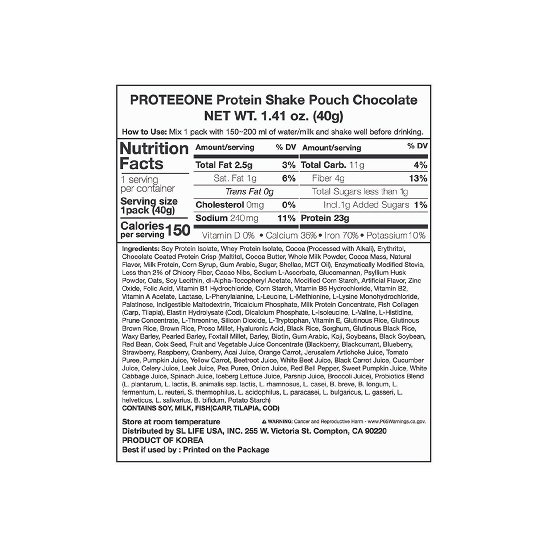 PROTEEONE Protein Shake Pouch Chocolate 1.41 oz.(40g) - Image 2 of 2