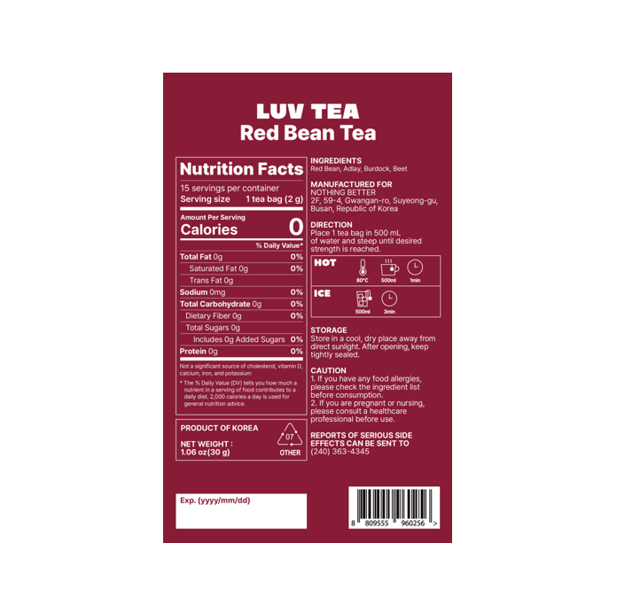 NOTHING BETTER Luv Tea Red Bean Tea 15ea 1.05 oz.(30g) - Image 2 of 5