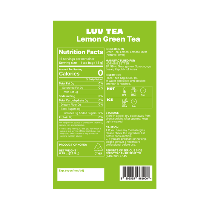 NOTHING BETTER Luv Tea Lemon Green Tea 15ea 0.79 oz.(22.5g) - Image 2 of 7