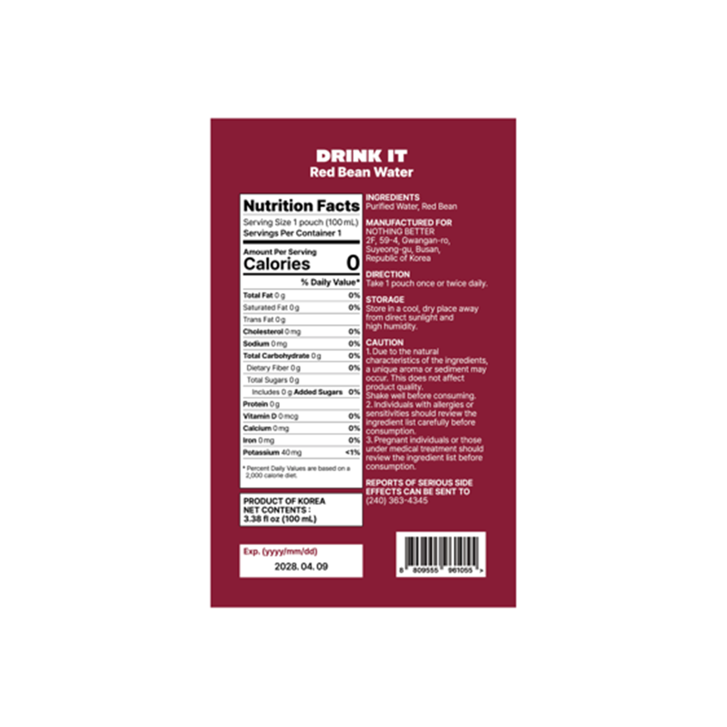 NOTHING BETTER Drink It Red Bean Water 3.38 fl. oz.(100ml) - Image 2 of 2