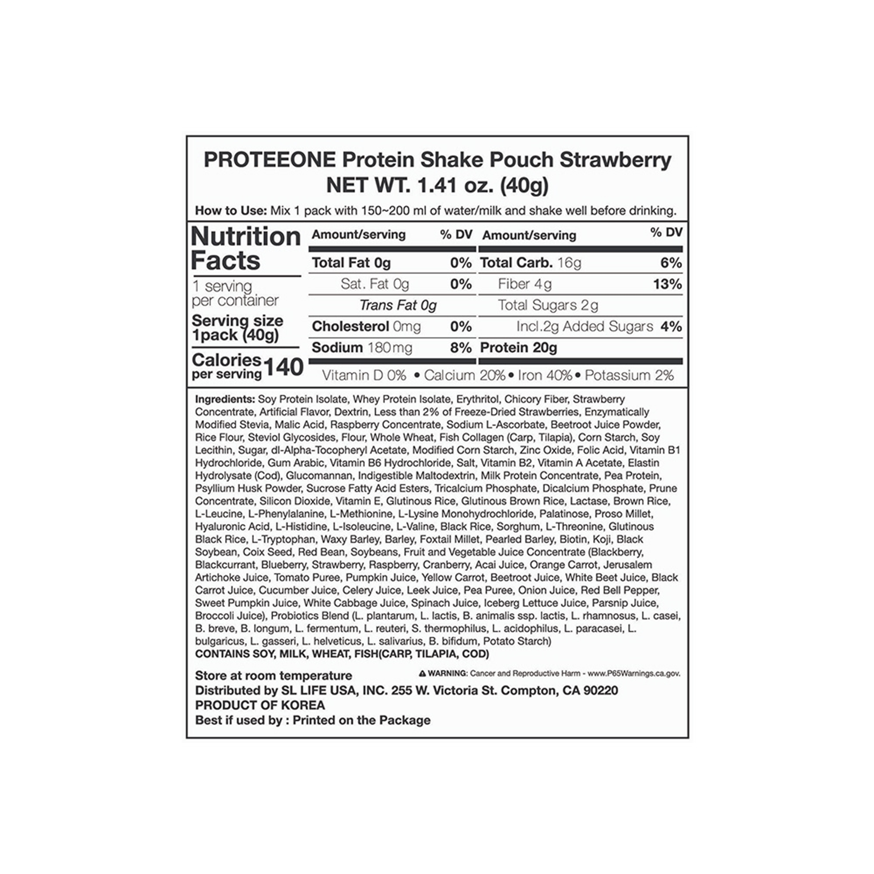PROTEEONE Protein Shake Pouch Strawberry 1.41 oz.(40g) - Image 2 of 2
