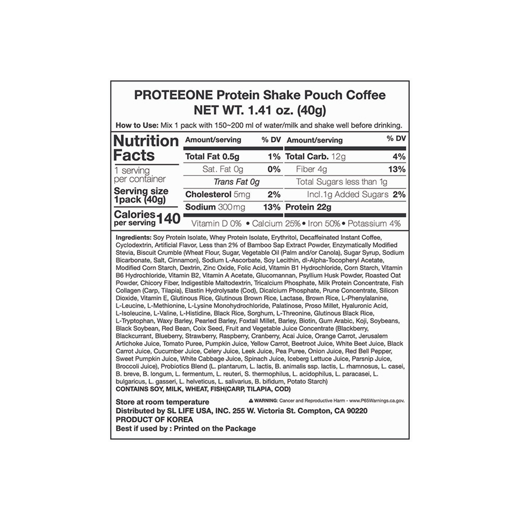 PROTEEONE Protein Shake Pouch Coffee 1.41 oz.(40g) - Image 2 of 2
