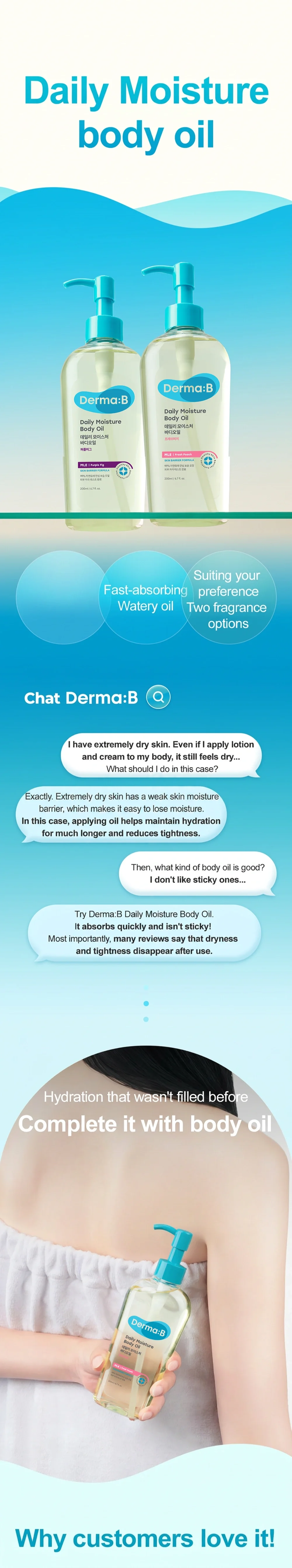 Derma:B Daily Moisture Body Oil Fresh Peach 6.7 fl. oz.(200ml) detail 1