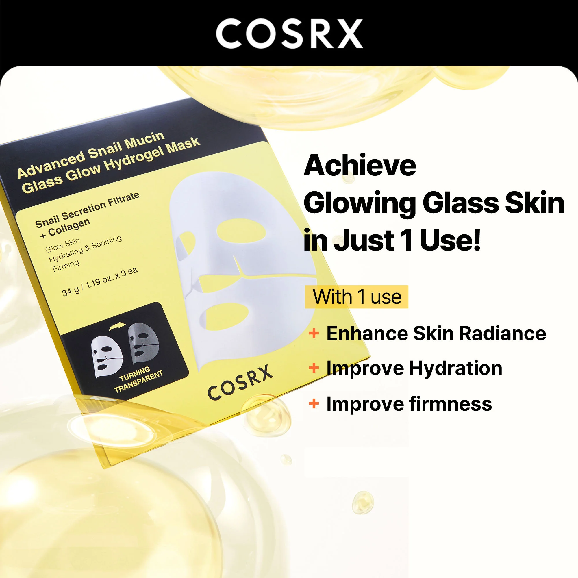 COSRX Advanced Snail Mucin Glass Glow Hydrogel Mask 1.19 oz.(34g) x 3ea detail 1