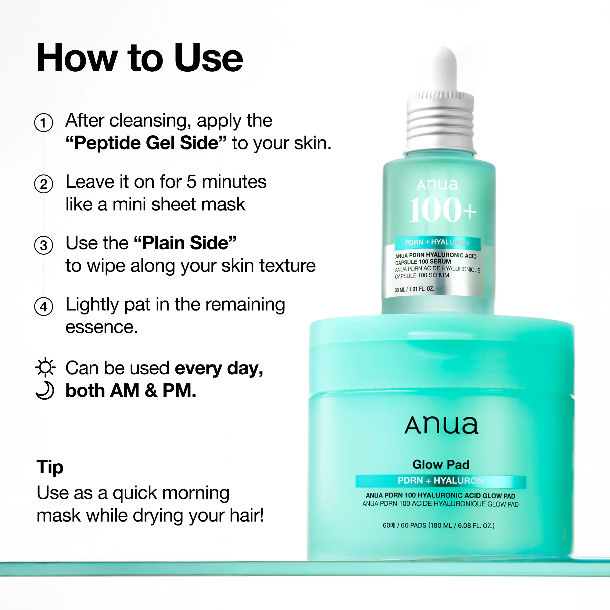 Anua PDRN 100 Hyaluronic Acid Glow Pad 60ct 6.08 fl. oz.(180ml) detail 6