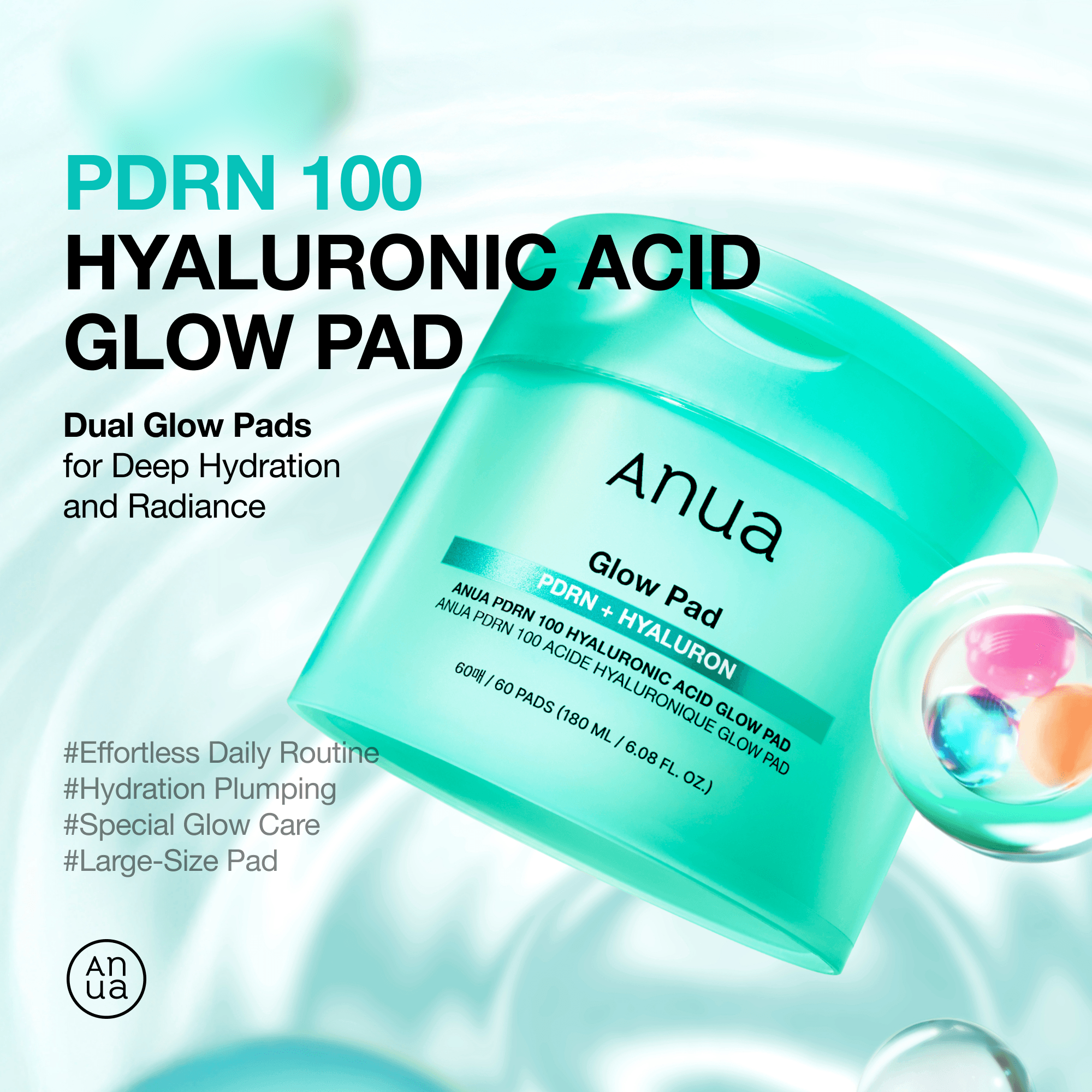 Anua PDRN 100 Hyaluronic Acid Glow Pad 60ct 6.08 fl. oz.(180ml) detail 1