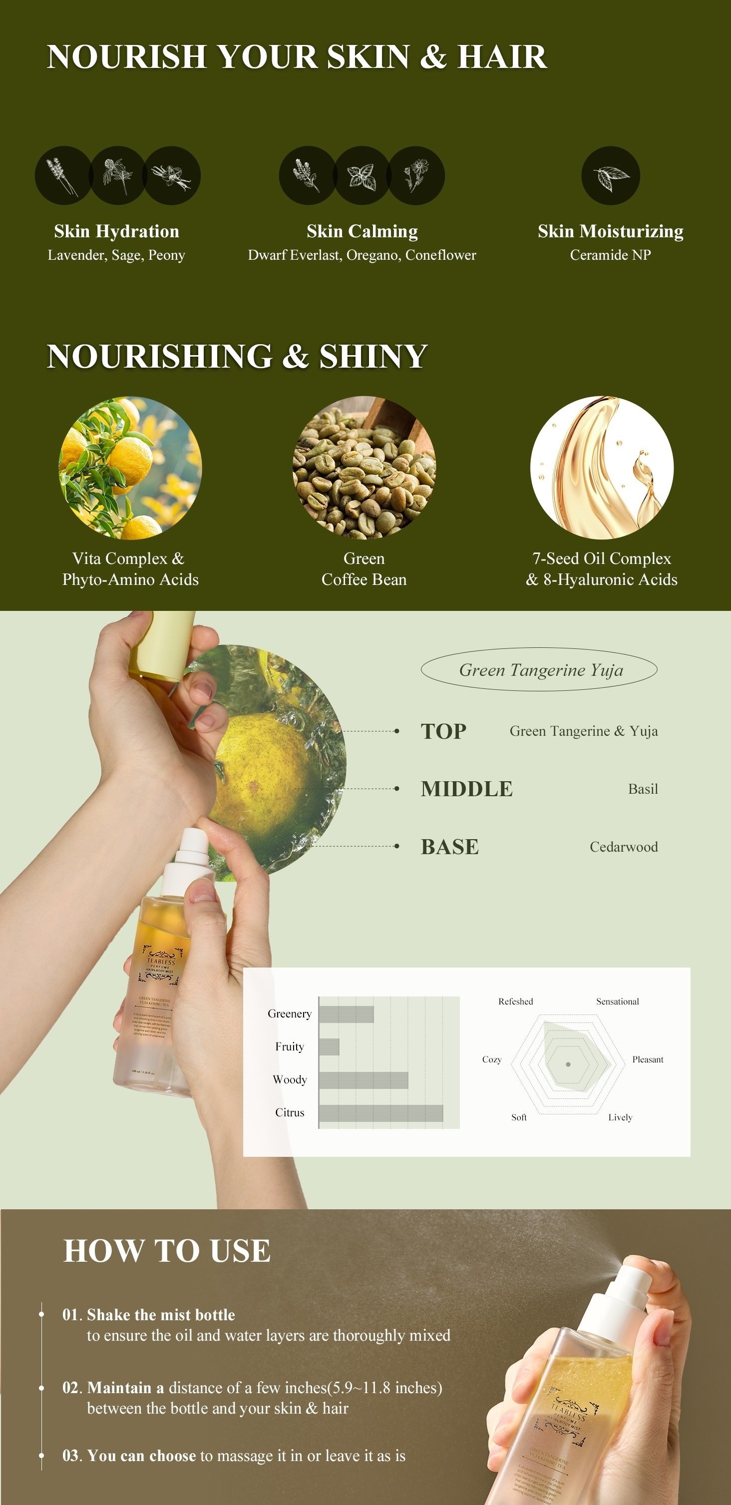Teabless Green Tangerine Yuja Kombu Tea Perfume Hair&body Mist 3.38 fl. oz.(100ml) detail 2