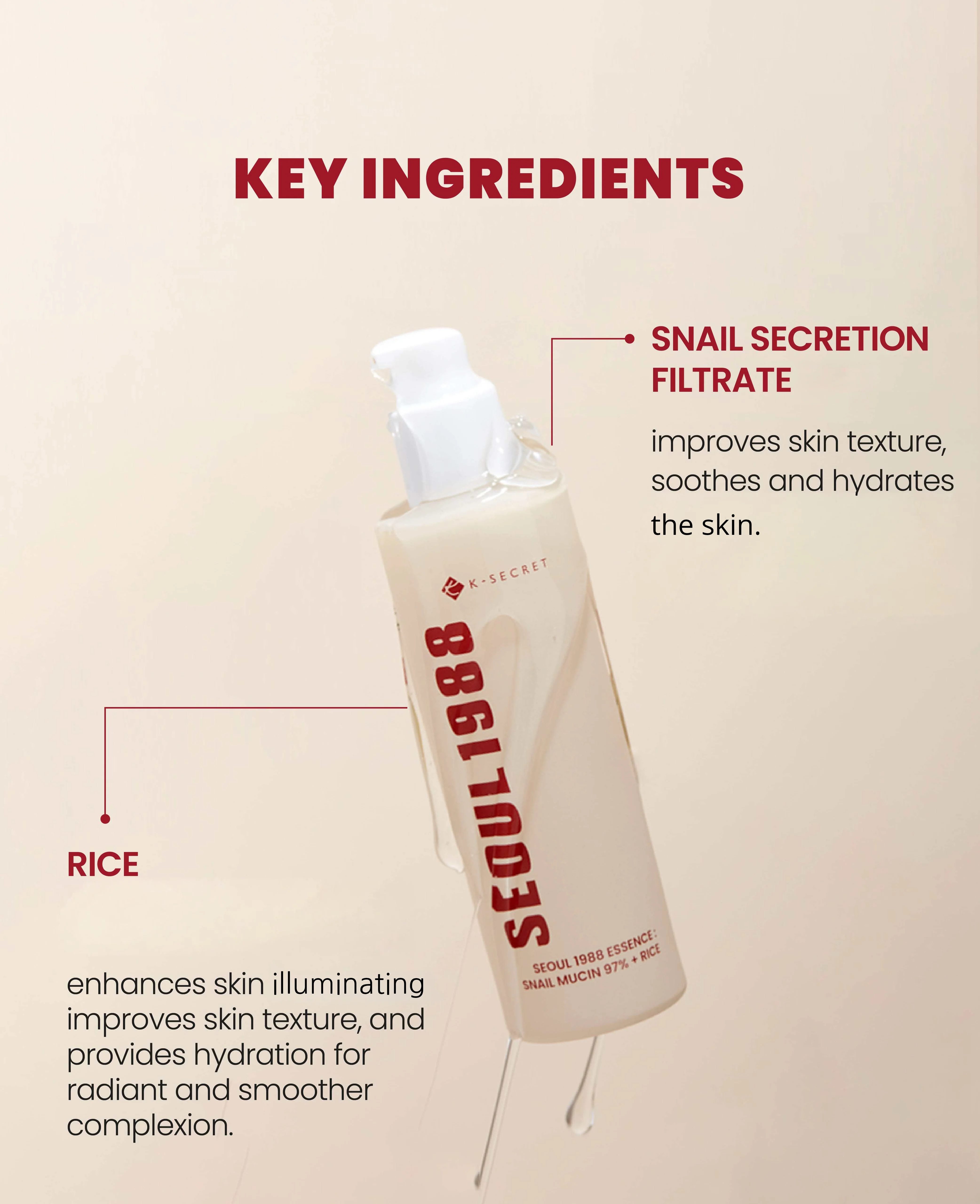 K-SECRET Seoul 1988 Essence : Snail Mucin 97% + Rice 3.38 fl. oz.(100ml) detail 1