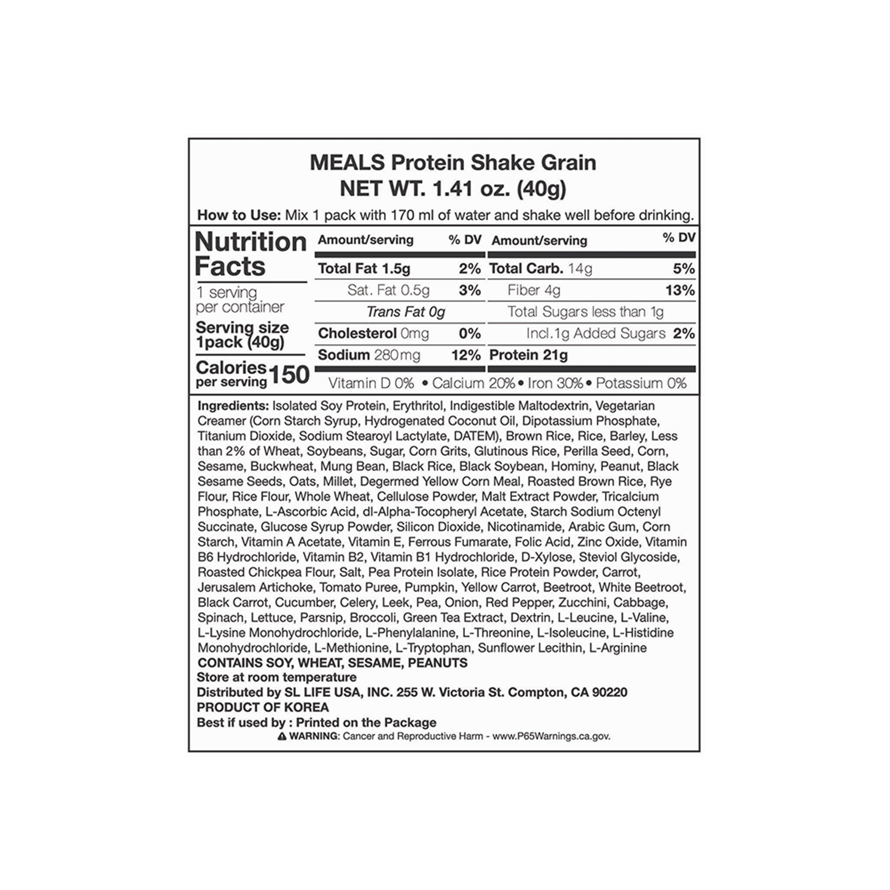 INTAKE Meals Protein Shake Grain 1.41 oz.(40g) detail 2