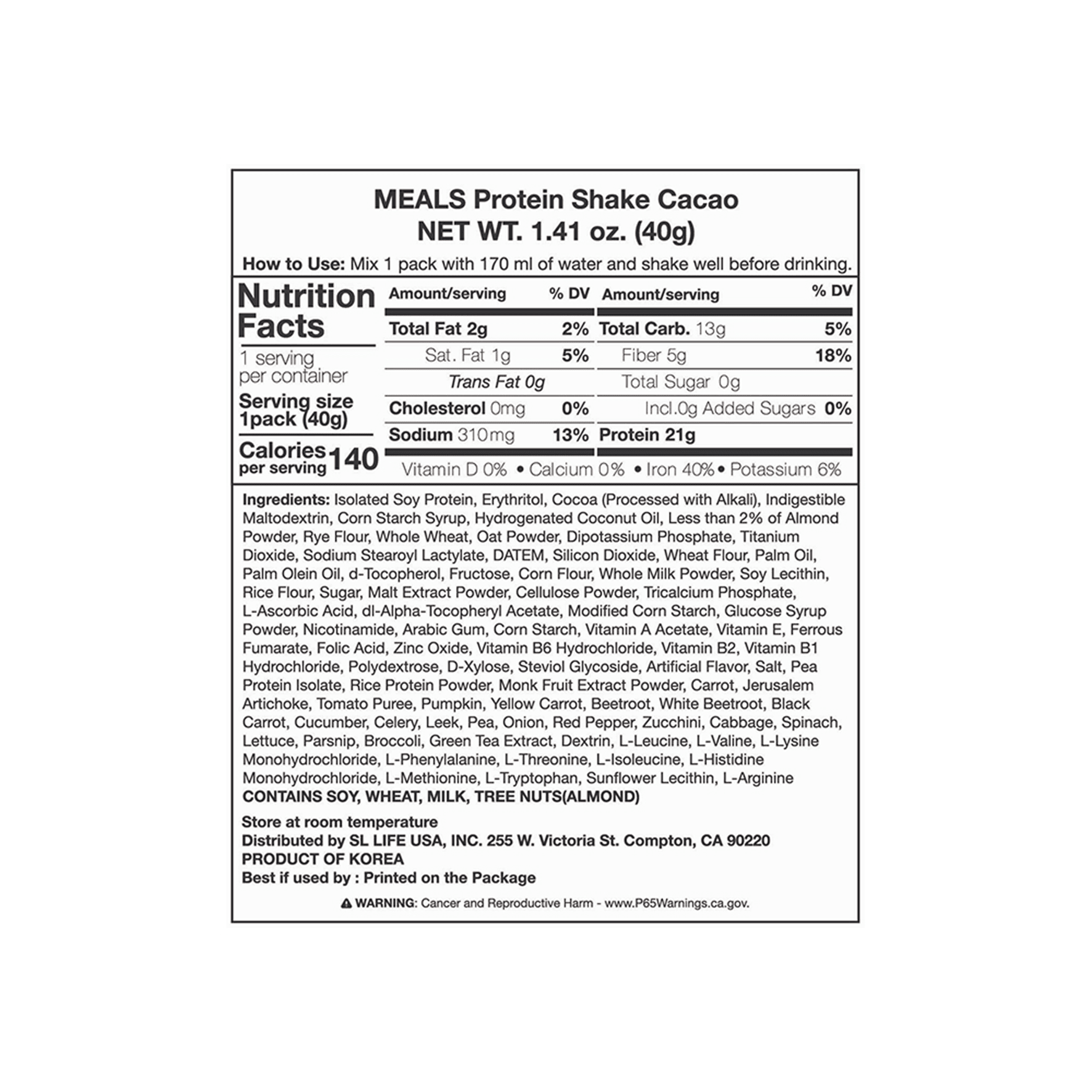 INTAKE Meals Protein Shake Cacao 1.41 oz.(40g) detail 2