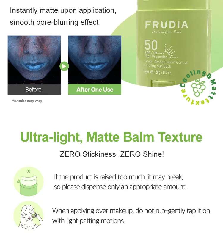 FRUDIA Green Grape Sebum Control Cooling Sun Stick 0.7 oz.(20g) detail 4