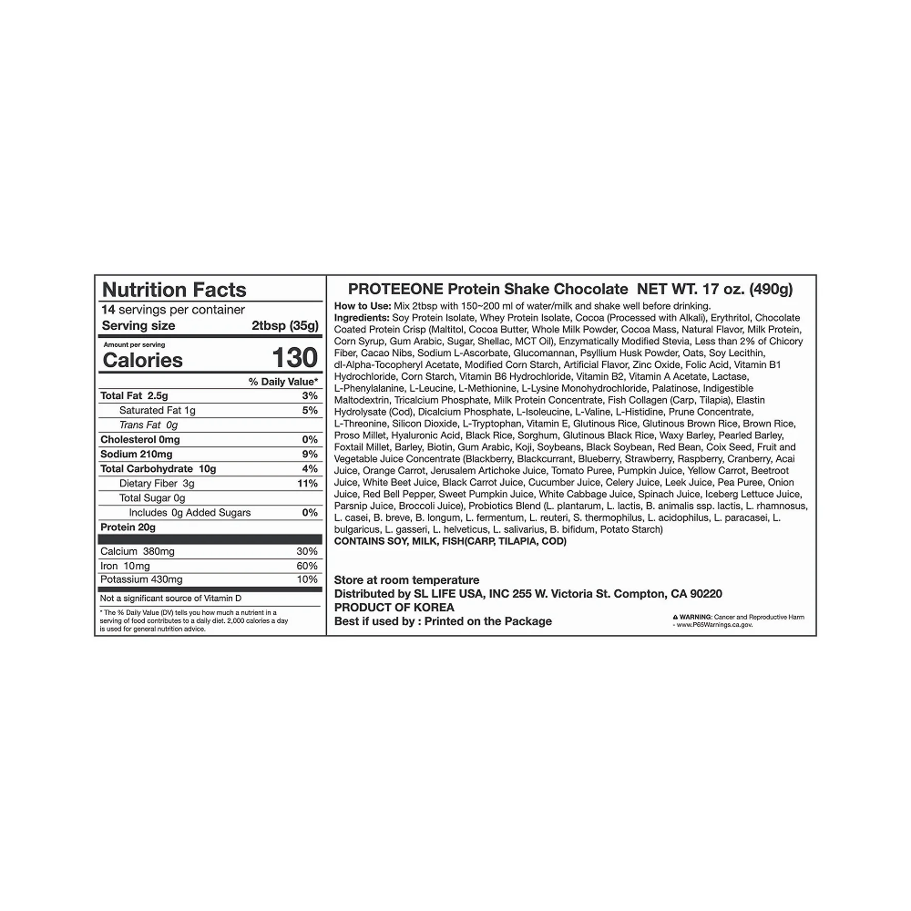 PROTEEONE Protein Shake Chocolate 17 oz.(490g) detail 2