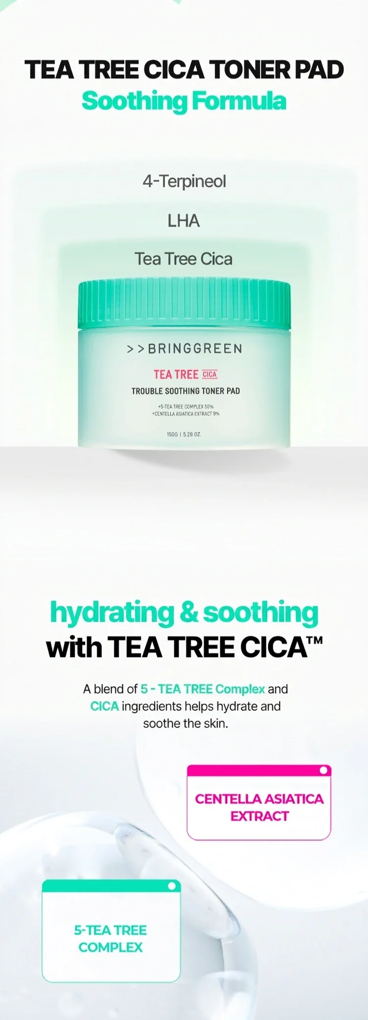 BRING GREEN Tea Tree Cica Trouble Soothing Toner Pad 90p 5.29 oz.(150g) detail 2