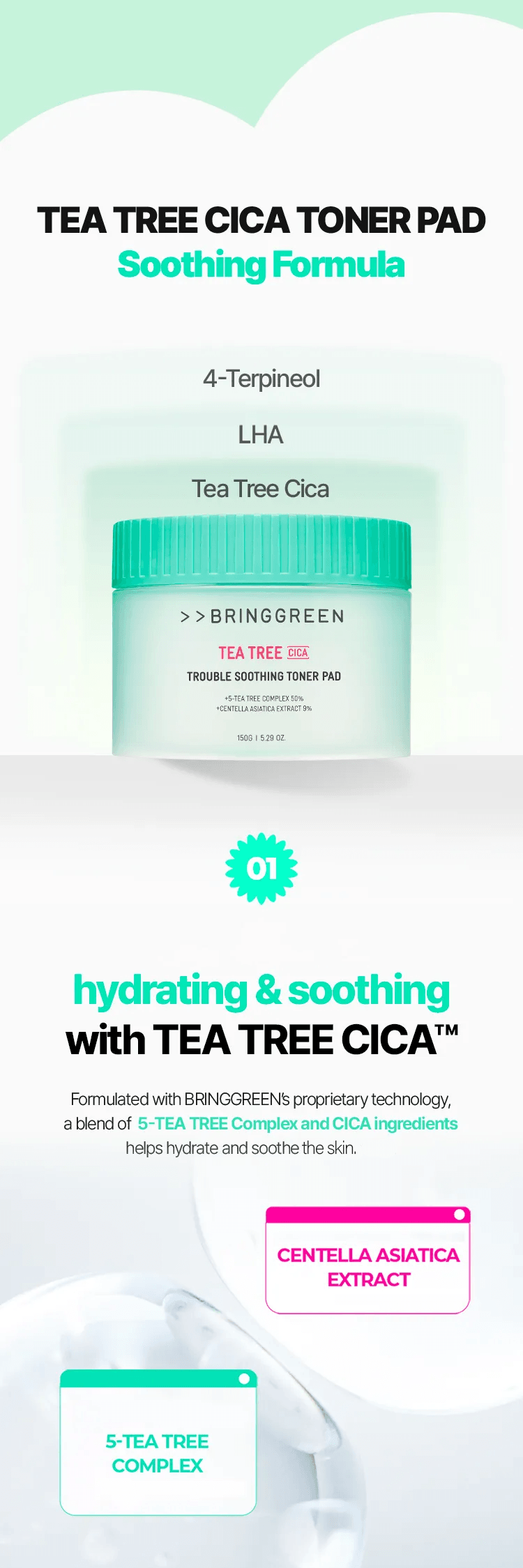 BRING GREEN Tea Tree Cica Trouble Soothing Toner Pad 90p 5.29 oz.(150g) detail 2