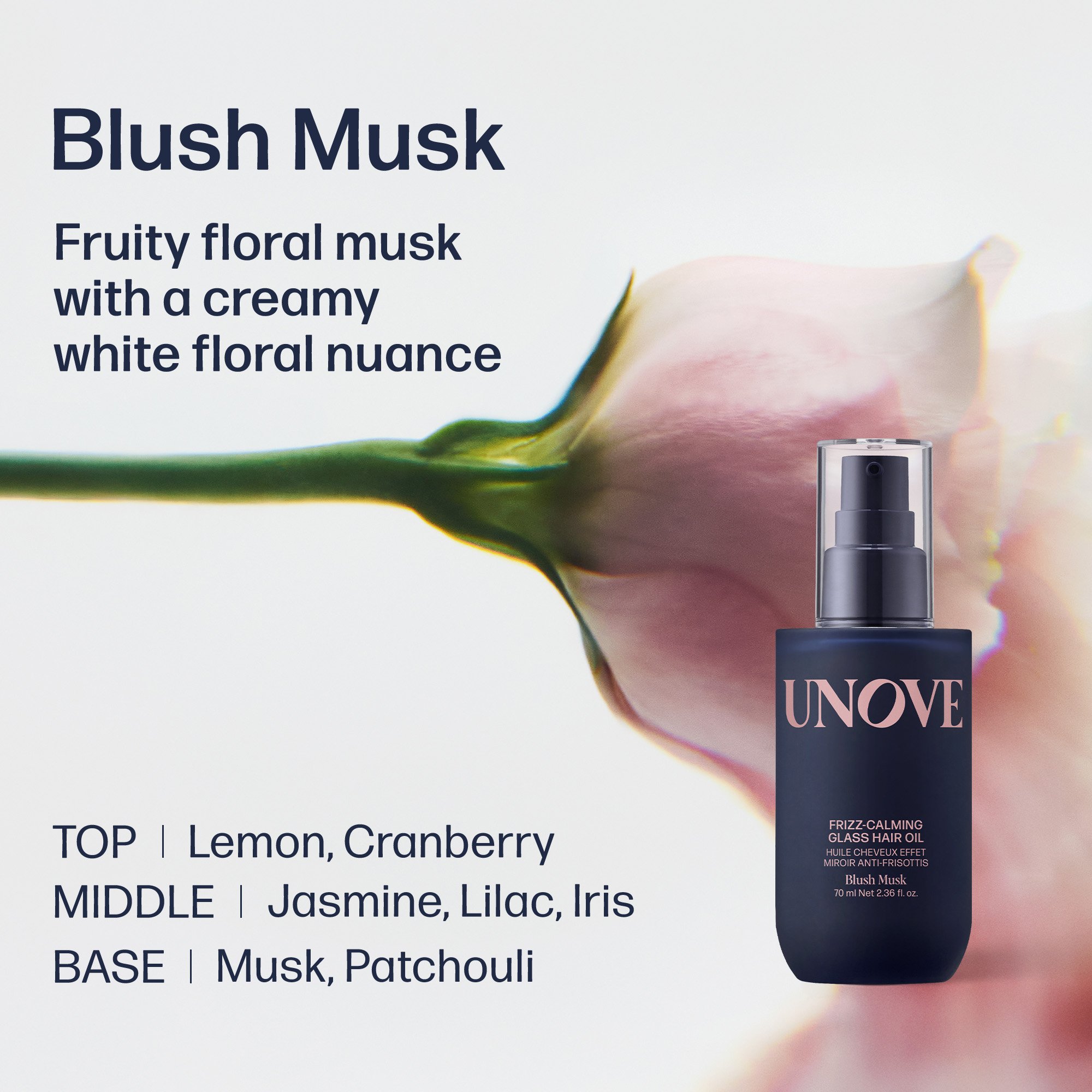 UNOVE Frizz-calming Glass Hair Oil Blush Musk 2.36 fl. oz.(70ml) detail 5