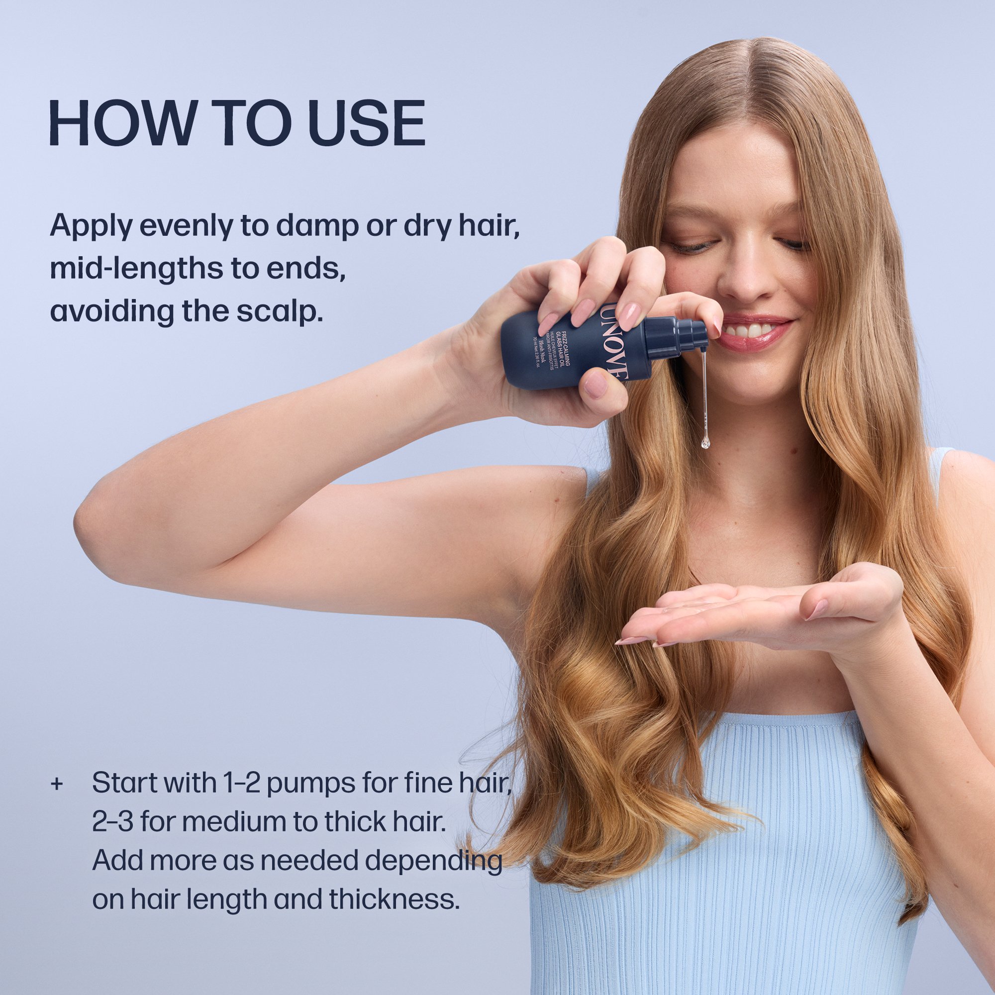 UNOVE Frizz-calming Glass Hair Oil Blush Musk 2.36 fl. oz.(70ml) detail 4