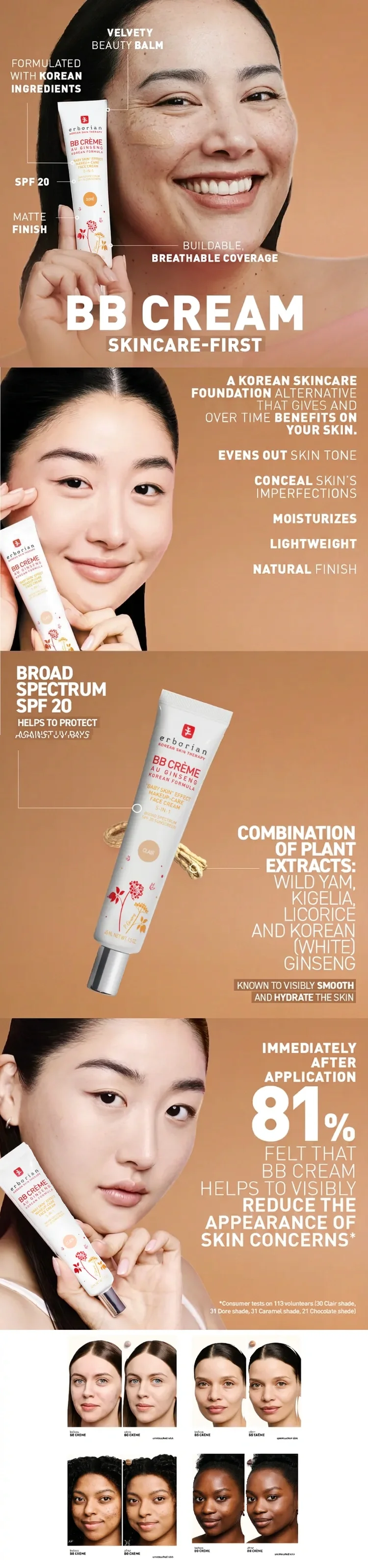 [4colors] Erborian BB Crème Au Ginseng 5-in-1 Broad Spectrum SPF 20 Sunscreen 1.5 oz.(45ml) detail 1