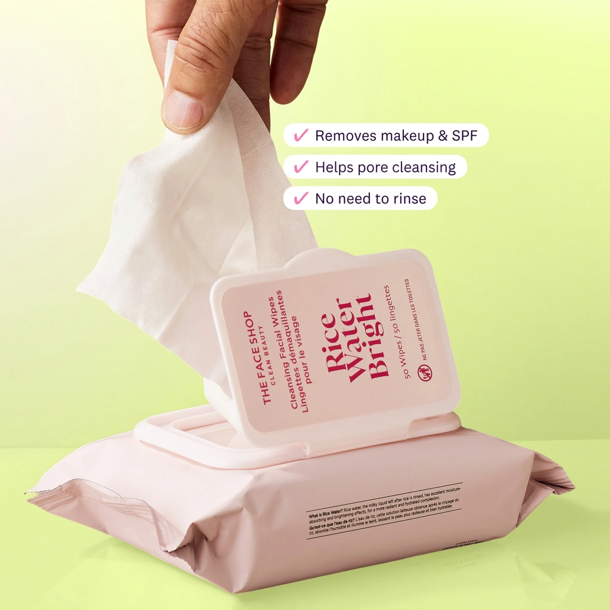 THE FACE SHOP Rice Water Bright Cleansing Wipes 6.13 oz.(174g) x 50ea detail 2