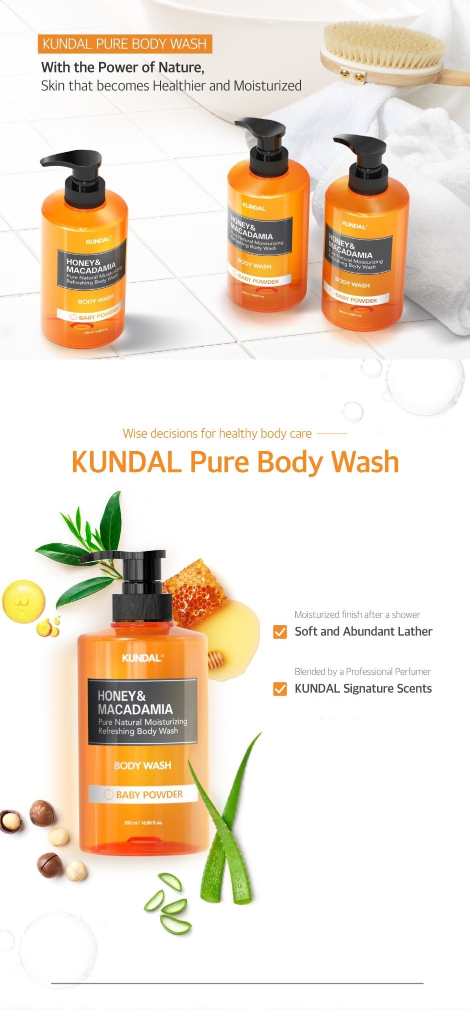 KUNDAL Honey & Macadamia Pure Body Wash Baby Powder 16.9 fl. oz.(500ml) detail 2