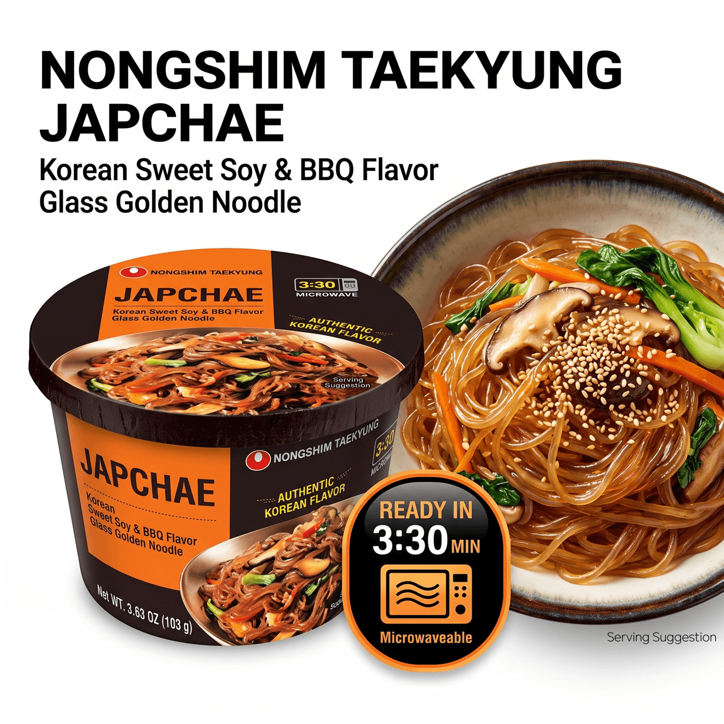 Nongshim Japchae Korean Sweet Soy & BBQ Flavor Glass Golden Noodle