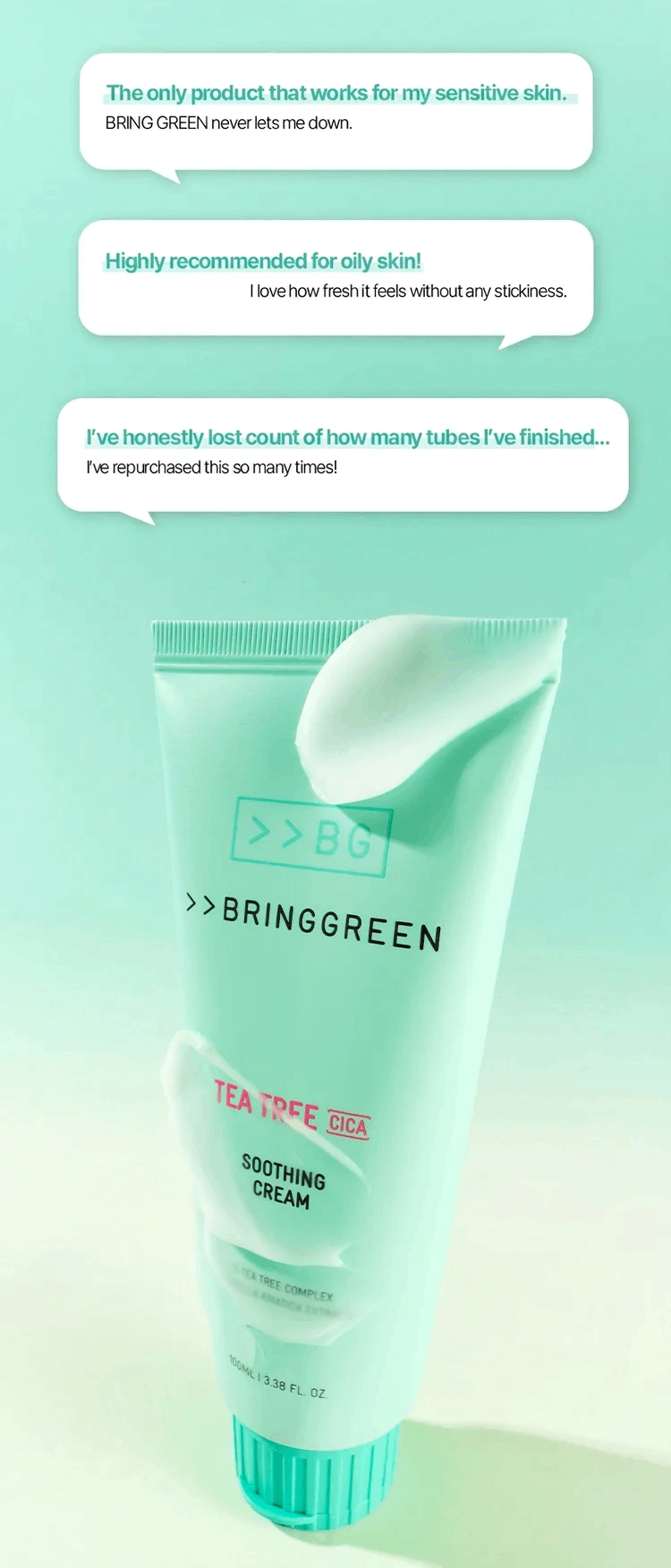 BRING GREEN Tea Tree Cica Soothing Cream Plus 3.38 fl. oz.(100ml