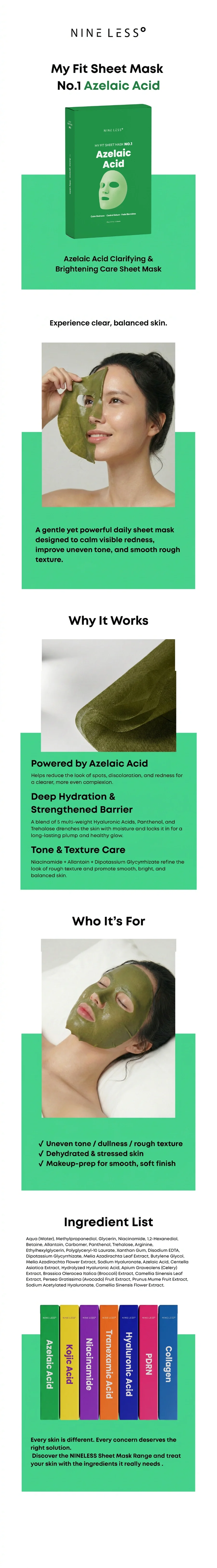 NINE LESS My Fit Sheet Mask No.1 Azelaic Acid 0.71 oz.(20g) x 5ea detail 1